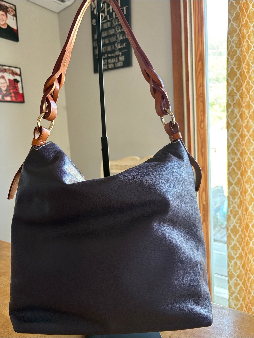 Dooney & Bourke Plum small Sloan pebbled Leather Shoulder Hobo with Tan Trim - Picture 2 of 9